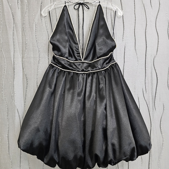 Nwot Lena Black Satin Halter Deep Plunge Rhinestone Trim Bubble Cocktail Dress - Picture 17 of 17